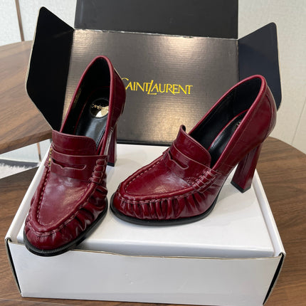 YSL 26S HEELED LOAFERS 100 MM IN DARK RED SHINY CALFSKIN