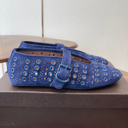 ALAIA 26S MARY JANE FLATS IN DARK BLUE SUEDE