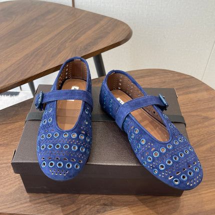 ALAIA 26S MARY JANE FLATS IN DARK BLUE SUEDE