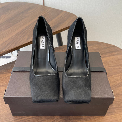 ALAIA 26S SQUARE-TOE HIGH HEELS 95 MM IN BLACK PONY HAIR
