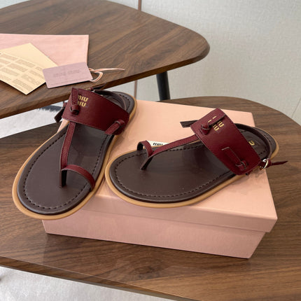 MIUMIU 26S FLIP FLOPS IN DARK BROWN AND BURGUNDY RED CALFSKIN