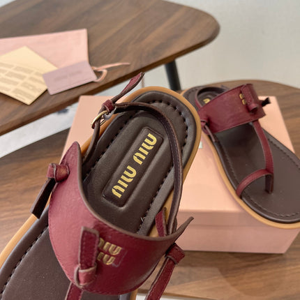 MIUMIU 26S FLIP FLOPS IN DARK BROWN AND BURGUNDY RED CALFSKIN