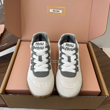 MIUMIU 26S SNEAKERS IN WHITE AND GRAY FABRIC AND SUEDE