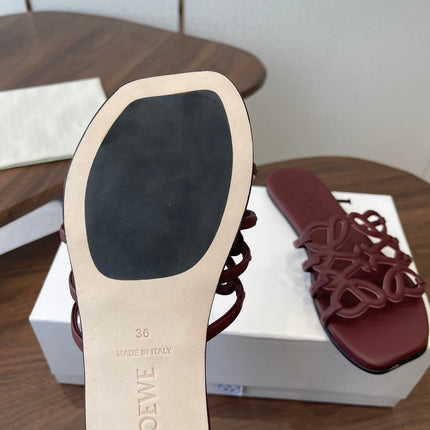 LOEWE 26S PETAL ANAGRAM SLIDE IN WINE RED CALFSKIN