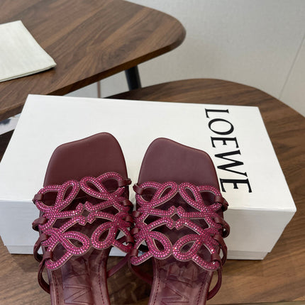 LOEWE 26S HIGH HEEL SANDALS IN WINE RED CALFSKIN WITH CRYSTALS