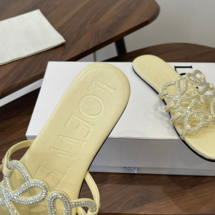 LOEWE 26S FLAT SANDALS IN LIGHT YELLOW CALFSKIN WITH CRYSTALS