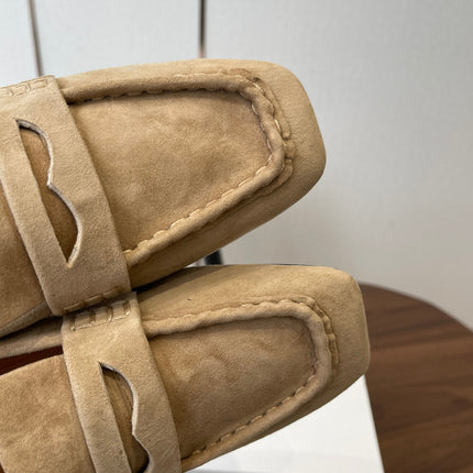 THE ROW 26S SQUARE TOE LOAFERS IN BEIGE SUEDE
