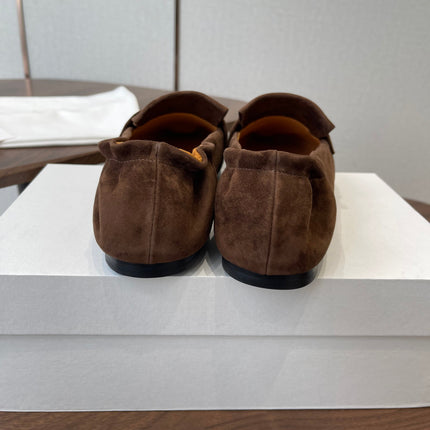 THE ROW 26S SQUARE TOE LOAFERS IN DARK BROWN SUEDE