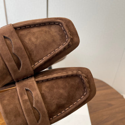 THE ROW 26S SQUARE TOE LOAFERS IN DARK BROWN SUEDE