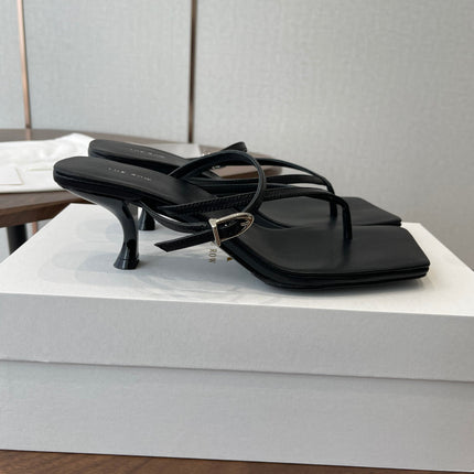 THE ROW 26S SQUARE TOE THONG HEELS IN BLACK CALFSKIN