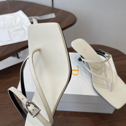 THE ROW 26S SQUARE TOE THONG HEELS IN IVORY WHITE CALFSKIN
