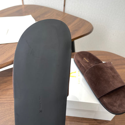 THE ROW 26S SLIDE SANDALS IN CHOCOLATE BROWN SUEDE