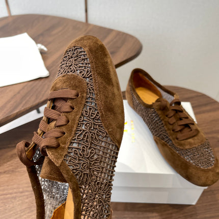 THE ROW 26S LACE UP SNEAKERS IN CARAMEL BROWN SUEDE