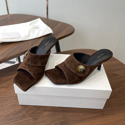THE ROW 26S BUTTON DETAIL MULE HEELS 70MM IN BROWN SUEDE