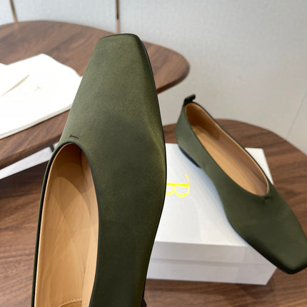 THE ROW 26S SQUARE TOE BALLET FLATS IN OLIVE GREEN SATIN