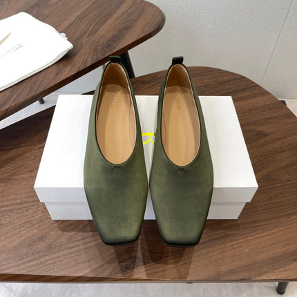 THE ROW 26S SQUARE TOE BALLET FLATS IN OLIVE GREEN SATIN
