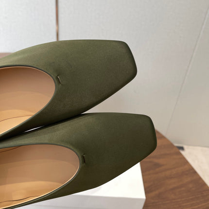 THE ROW 26S SQUARE TOE BALLET FLATS IN OLIVE GREEN SATIN