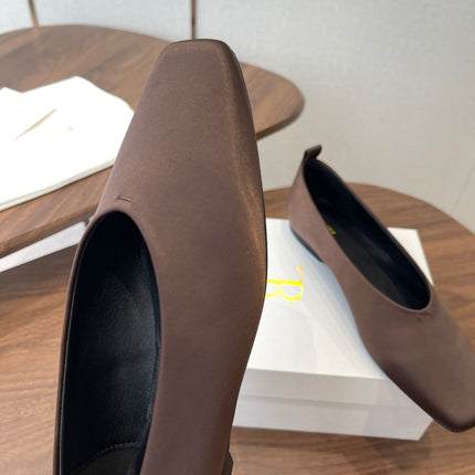 THE ROW 26S SQUARE TOE BALLET FLATS IN DARK BROWN SATIN