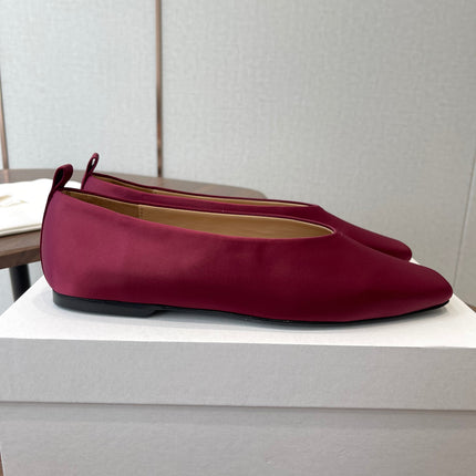 THE ROW 26S SQUARE TOE BALLET FLATS IN WINE RED SATIN