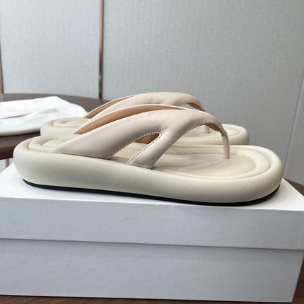 THE ROW 26S PUFFED THONG SANDALS IN IVORY WHITE CALFSKIN