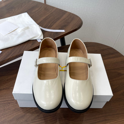 THE ROW 26S MARY JANE FLATS IN WHITE PATENT CALFSKIN