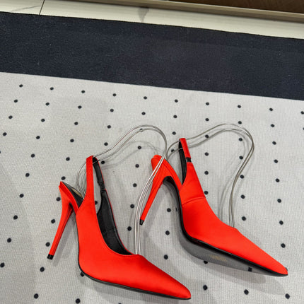 L'ENTRACTE SLINGBACK PUMPS IN RED SATIN