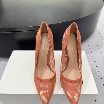 GIANVITO ROSSI 26S HIGH HEELS 105 MM IN PEACH ORANGE LACE FABRIC