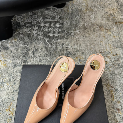 YSL 26S HEELED SLINGBACKS 100 MM IN WARM NUDE GLOSSY CALFSKIN