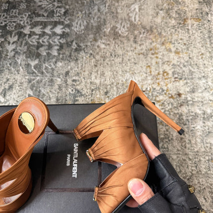 YSL 26S HEELED SANDALS 100 MM IN CLAY BROWN FABRIC