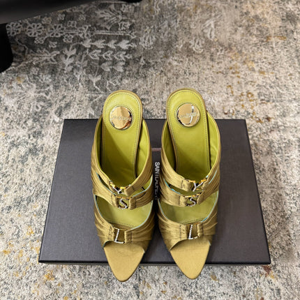 YSL 26S HEELED SANDALS 100 MM IN OLIVE GREEN FABRIC