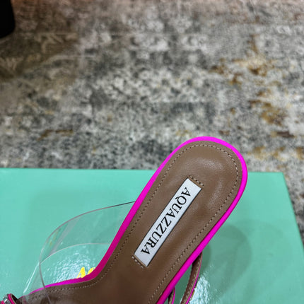 AQUAZZURA 26S CRYSTAL MULES 90 MM IN DARK PINK SATIN