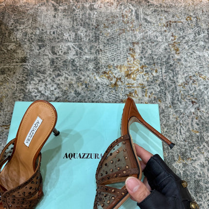 AQUAZZURA 26S HIGH-HEEL SANDALS 105 MM IN BROWN PATENT CALFSKIN AND MESH