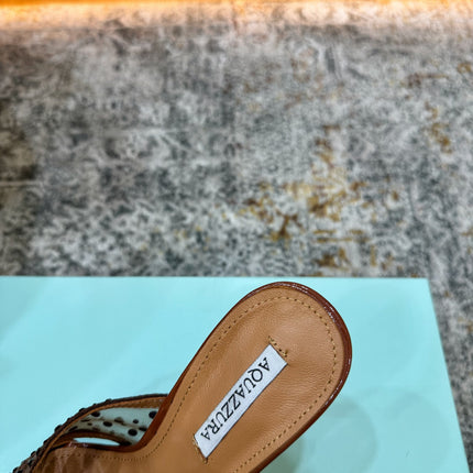 AQUAZZURA 26S HIGH-HEEL SANDALS 105 MM IN BROWN PATENT CALFSKIN AND MESH
