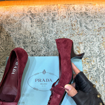 PRADA 26S POINTED TOE LACE UP STUDDED PUMPS 55MM IN BURGUNDY RED SUEDE