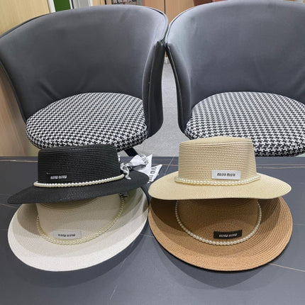 MIUMIU SMALL-BRIM STRAW HAT IN LIGHT BEIGE AND PEARL EMBELLISHED