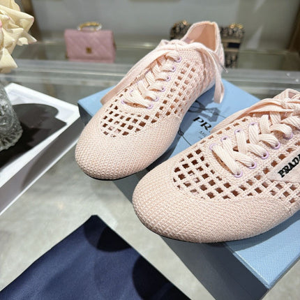 PRADA 26S LACE UP OPENWORK KNIT SNEAKERS IN BLUSH PINK KNIT FABRIC