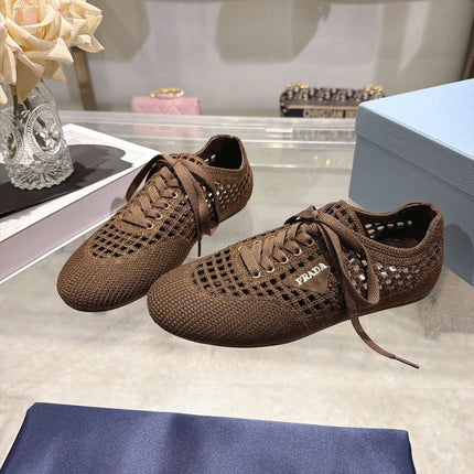 PRADA 26S LACE UP OPENWORK KNIT SNEAKERS IN DARK BROWN KNIT FABRIC