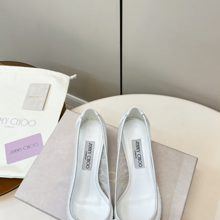 JIMMY CHOO 26S LACE-UP HEELS IN WHITE LACE AND LAMBSKIN
