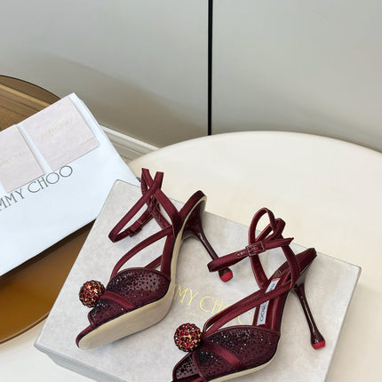 JIMMY CHOO 26S  HEELED SANDALS 100 MM IN DARK RED CRYSTAL EMBELLISHMENT