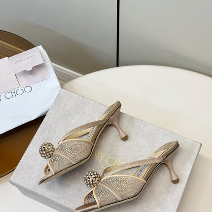 JIMMY CHOO 26S SACORA MULE 80 MM IN BEIGE CRYSTAL EMBELLISHMENT