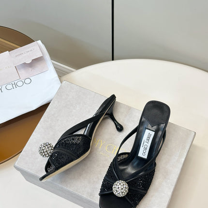 JIMMY CHOO 26S SACORA MULE 80 MM IN BLACK CRYSTAL EMBELLISHMENT