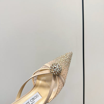JIMMY CHOO 26S HEELED MULES 80 MM IN BEIGE CRYSTAL EMBELLISHMENT