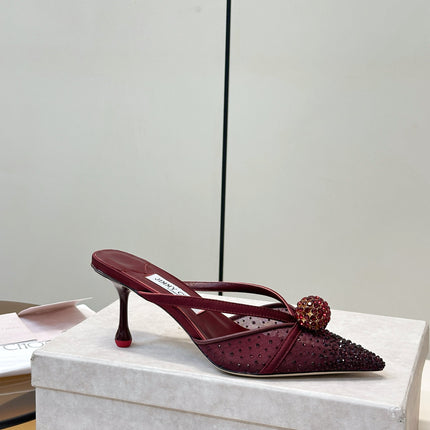 JIMMY CHOO 26S HEELED MULES 80 MM IN DARK RED CRYSTAL EMBELLISHMENT