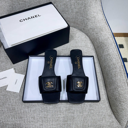 CHANEL 26S FLAT SLIDES IN BLACK LAMBSKIN