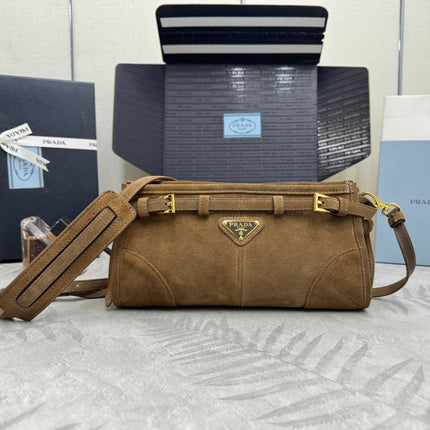 PRADA 25S BONNIE SMALL SHOULDER BAG 26 IN BROWN SUEDE GOLD HARDWARE
