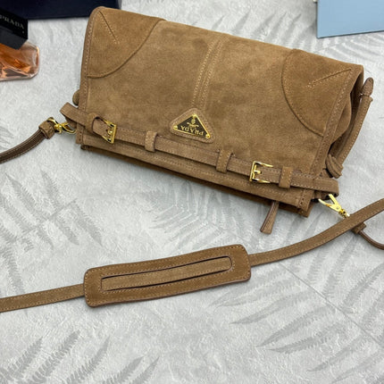 PRADA 25S BONNIE SMALL SHOULDER BAG 26 IN BROWN SUEDE GOLD HARDWARE