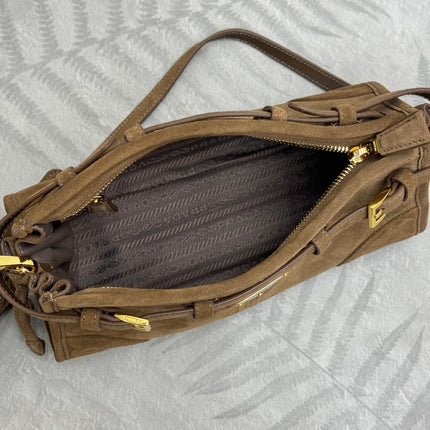 PRADA 25S BONNIE SMALL SHOULDER BAG 26 IN BROWN SUEDE GOLD HARDWARE