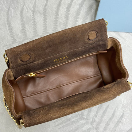 PRADA 25S ENCHAINE MINI BAG 22 IN CARAMEL BROWN SUEDE GOLD HARDWARE