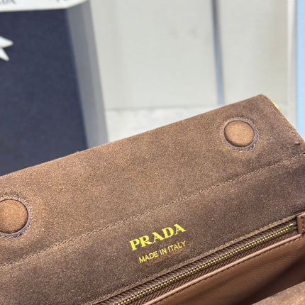 PRADA 25S ENCHAINE MINI BAG 22 IN CARAMEL BROWN SUEDE GOLD HARDWARE