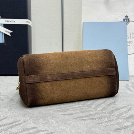 PRADA 25S ENCHAINE MINI BAG 22 IN CARAMEL BROWN SUEDE GOLD HARDWARE